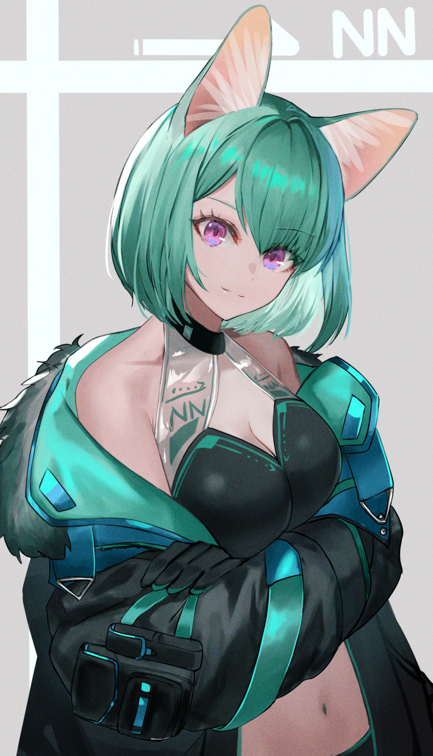 1girl animal_ear_fluff animal_ears bangs bare_shoulders black_gloves black_jacket breasts cat_ears cleavage closed_mouth commentary_request crossed_arms dolce_(dolsuke) gloves green_hair hair_between_eyes highres jacket long_sleeves looking_at_viewer medium_breasts navel off_shoulder open_clothes open_jacket original purple_eyes see-through smile solo upper_body