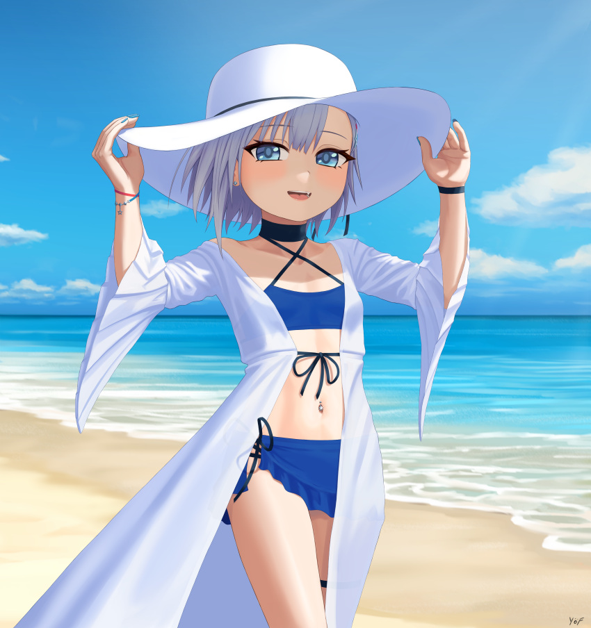 1girl :d absurdres beach bikini bikini_skirt blue_bikini blue_eyes blue_nails blue_sky blue_wristband blush cloud coat collarbone cowboy_shot earrings eyelashes fang flat_chest grey_hair hair_ornament halterneck hands_on_headwear hat highres jewelry looking_at_viewer navel navel_piercing ocean off_shoulder piercing red_wristband rurine_luna sand shade side-tie_bikini_bottom signature sky smile solo star_(symbol) star_hair_ornament stomach summer sun_hat swimsuit thigh_strap virtual_youtuber wactor_production water white_coat white_headwear wide_sleeves wristband yof_(sc_gazer)