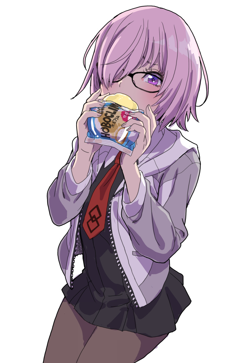 1girl absurdres black-framed_eyewear black_dress black_pantyhose collared_dress commentary_request cowboy_shot dress eating fate/grand_order fate_(series) food glasses grey_background hair_over_one_eye highres holding holding_food jacket looking_at_viewer mash_kyrielight necktie open_clothes open_jacket pantyhose pleated_dress purple_eyes purple_hair red_necktie short_dress short_hair simple_background solo standing white_background yamashita_shun'ya