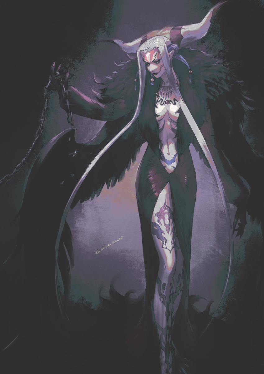 1girl bangs black_dress black_lips black_wings body_markings breasts chain claws cleavage dress facial_mark feather_trim feathered_wings final_fantasy final_fantasy_viii foot_out_of_frame grey_hair highres holding holding_chain horns large_breasts long_bangs long_hair long_sleeves makeup midriff noie_(neunteedelstein) plunging_neckline pointy_ears solo twitter_username ultimecia underboob wings