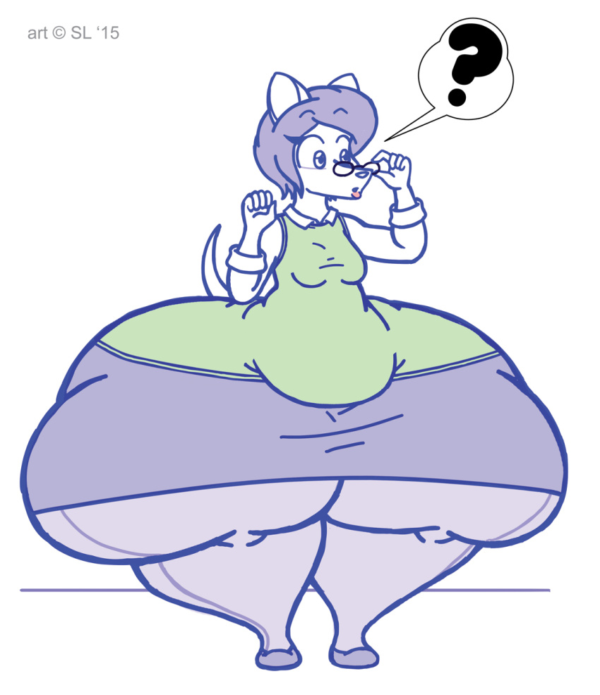 &copy; 2015 anthro belly big_butt bottomwear breasts butt canid canine canis chihuahua clothing digital_media_(artwork) domestic_dog eyewear female footwear glasses hair hi_res huge_butt huge_thighs legwear mammal maria_(satsumalord) overweight overweight_anthro overweight_female pear-shaped_figure question_mark satsumalord shoes short_stack sketch skirt solo speech_bubble stockings sweater sweater_vest symbol thick_thighs topwear toy_dog vest wide_hips work_shirt