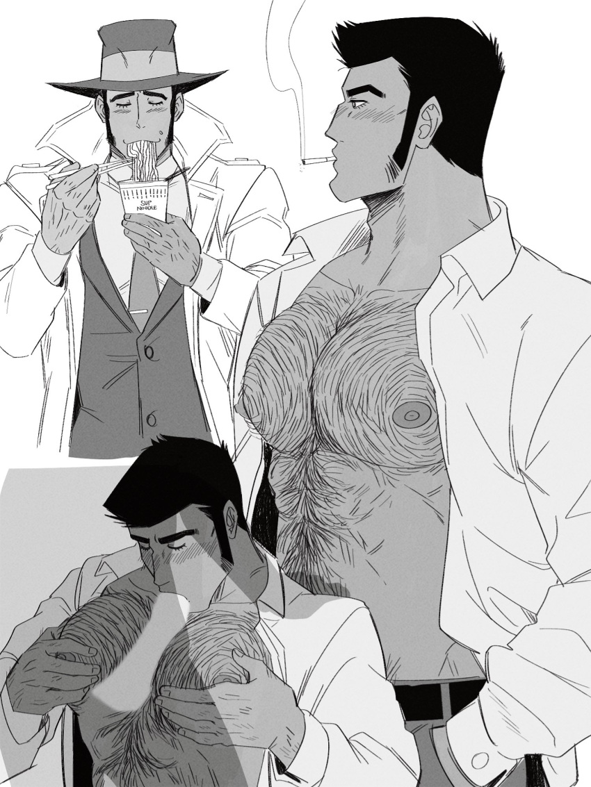 1boy abs bara belt between_pectorals black_hair blush cigarette coat collared_shirt cup_ramen eating fellatio food greyscale hairy highres jacket kon_likes_corn large_pectorals long_sideburns lupin_iii male_focus manly mature_male monochrome muscular muscular_male nipples noodles open_clothes open_jacket open_shirt oral pants pecjob pectorals ramen shirt short_hair sideburns simple_background smoke smoking white_background yaoi zenigata_kouichi