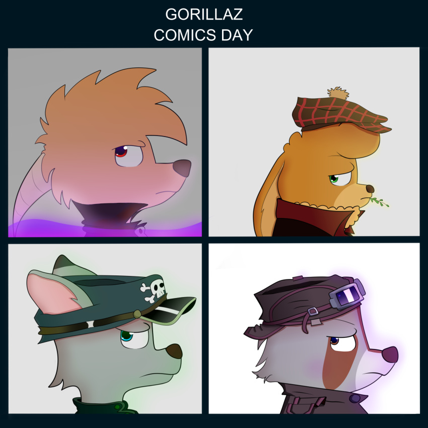 1:1 alebrije angry anthro beret blue_eyes bone brown_body brown_eyes brown_fur brown_nose brown_suit bruni canid canine canis cherry_(racoon) clothing cosplay dragon female female/female feral fur gorillaz green_eyes green_suit grey_body grey_fur group hat headgear headwear hi_res horn itka jowogenfl lagomorph leporid long_ears looking_back magic male male/male mammal perro_del_tiempo procyonid rabbit raccoon red_eyes red_suit skull suits wolf