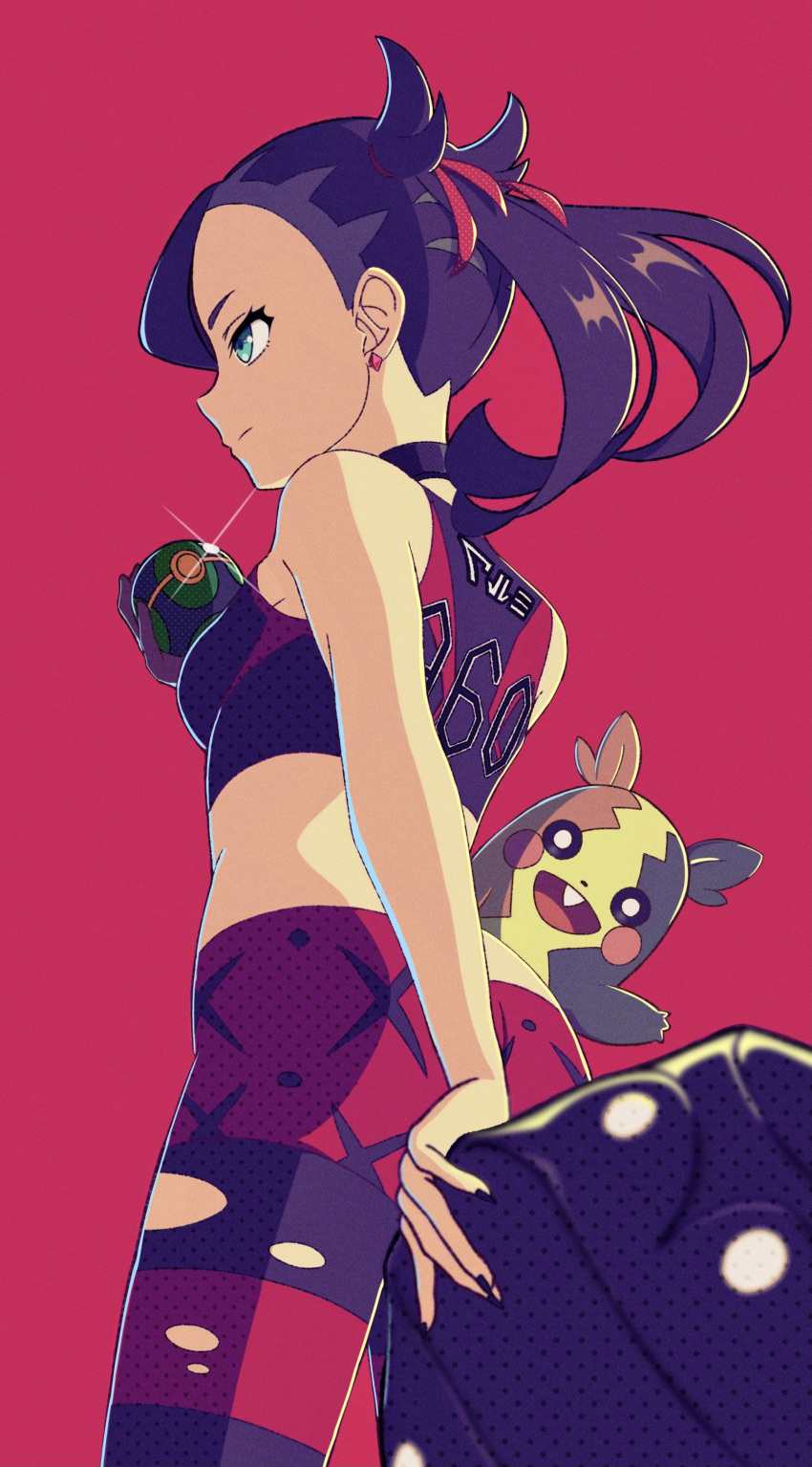 1girl absurdres black_nails closed_mouth commentary_request dusk_ball earrings eyelashes glint gloves green_eyes hand_up highres holding holding_clothes holding_jacket holding_poke_ball jacket jacket_removed jewelry leggings long_hair marnie_(pokemon) morpeko morpeko_(full) nail_polish pink_background poke_ball pokemon pokemon_(creature) pokemon_(game) pokemon_swsh simple_background single_glove sports_bra torn_leggings tuyuri twintails