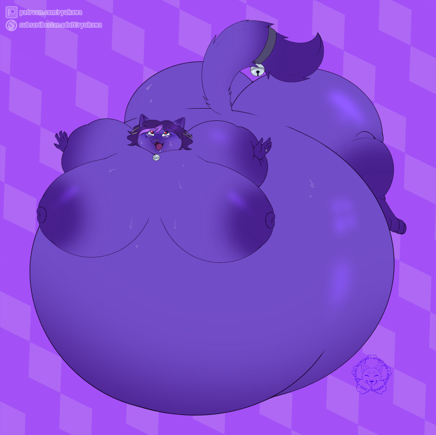 2022 anthro bell belly_inflation blueberry_inflation bodily_fluids breast_expansion breasts breath domestic_cat ear_piercing ear_ring expansion facial_piercing felid feline felis female hi_res inflation mammal nose_piercing panting piercing ring ring_piercing ryukawa solo sweat swelling