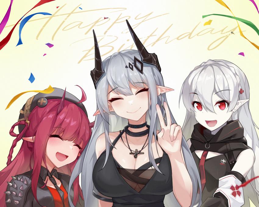 3girls :d ^_^ absurdres arknights bangs bare_shoulders black_dress black_shirt blush braid breasts cleavage closed_eyes closed_mouth collared_shirt confetti crown_braid dress facing_viewer fang grey_hair hair_between_eyes hair_ornament hand_up happy_birthday head_tilt highres horns large_breasts long_hair looking_at_viewer mudrock_(arknights) multiple_girls pale_skin pointy_ears red_eyes red_hair shirt sktre12 smile spikes streamers v vigna_(arknights) warfarin_(arknights)