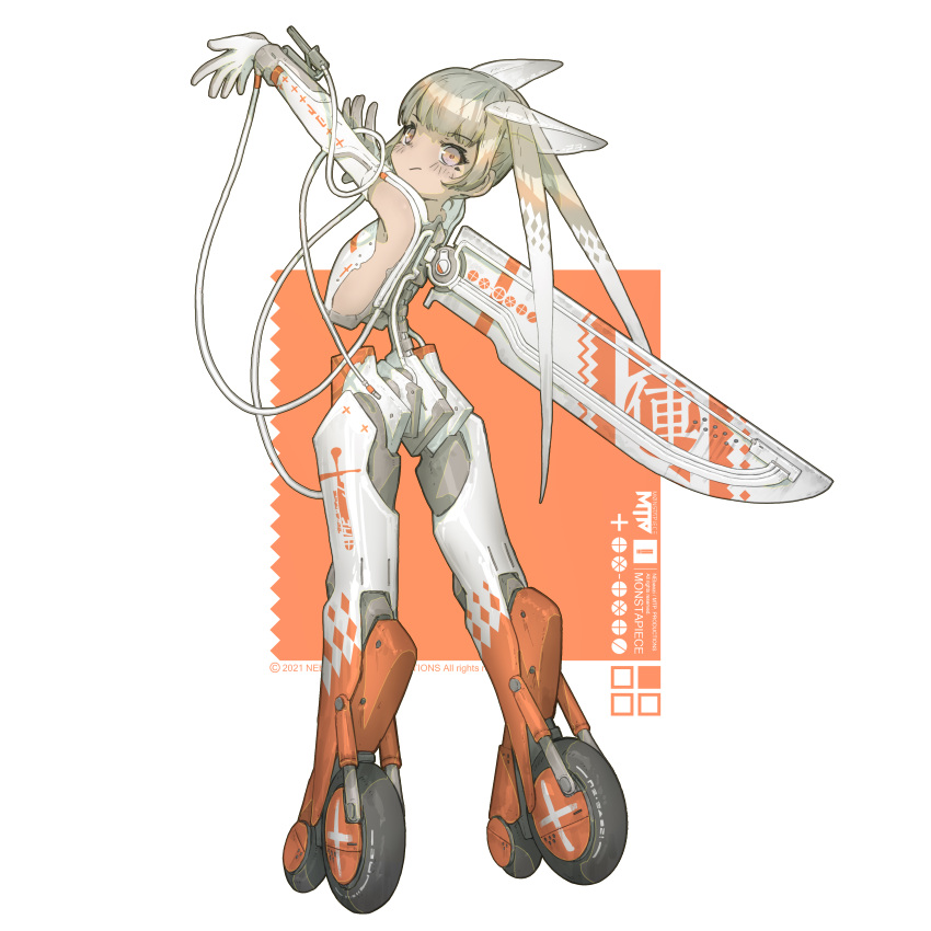 1girl absurdres beige_hair closed_mouth copyright gloves highres long_hair looking_at_viewer mechanical_legs mechanical_wings ne_baozi original pout rectangle sitting solo twintails wheel white_background wings wire writing