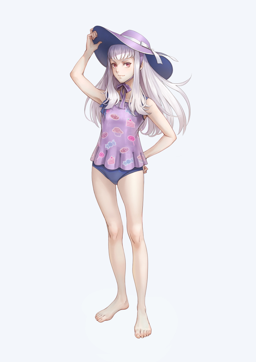 1girl absurdres alternate_costume bangs barefoot blue_one-piece_swimsuit candy_print commentary_request dress fire_emblem fire_emblem:_three_houses hand_on_headwear hand_on_hip hat highres kazuko_(towa) long_hair lysithea_von_ordelia one-piece_swimsuit pink_eyes purple_dress purple_headwear simple_background smile solo sun_hat swimsuit swimsuit_under_clothes toes white_background white_hair