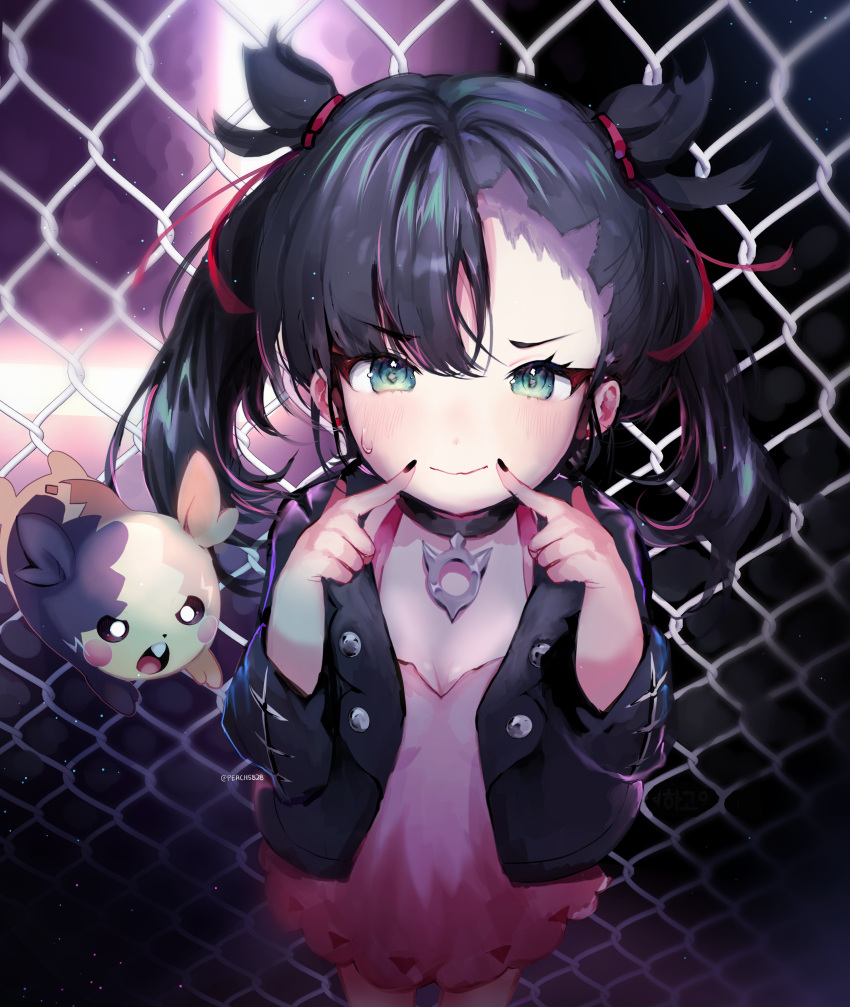1girl absurdres asymmetrical_bangs bangs black_choker black_hair black_jacket black_nails breasts chain-link_fence choker cleavage closed_mouth commentary_request dress earrings fence fingersmile green_eyes hair_ribbon hands_up highres jacket jewelry looking_at_viewer marnie_(pokemon) morpeko morpeko_(full) nail_polish open_clothes open_jacket peach5828 pink_dress pokemon pokemon_(creature) pokemon_(game) pokemon_swsh red_ribbon ribbon smile sweatdrop