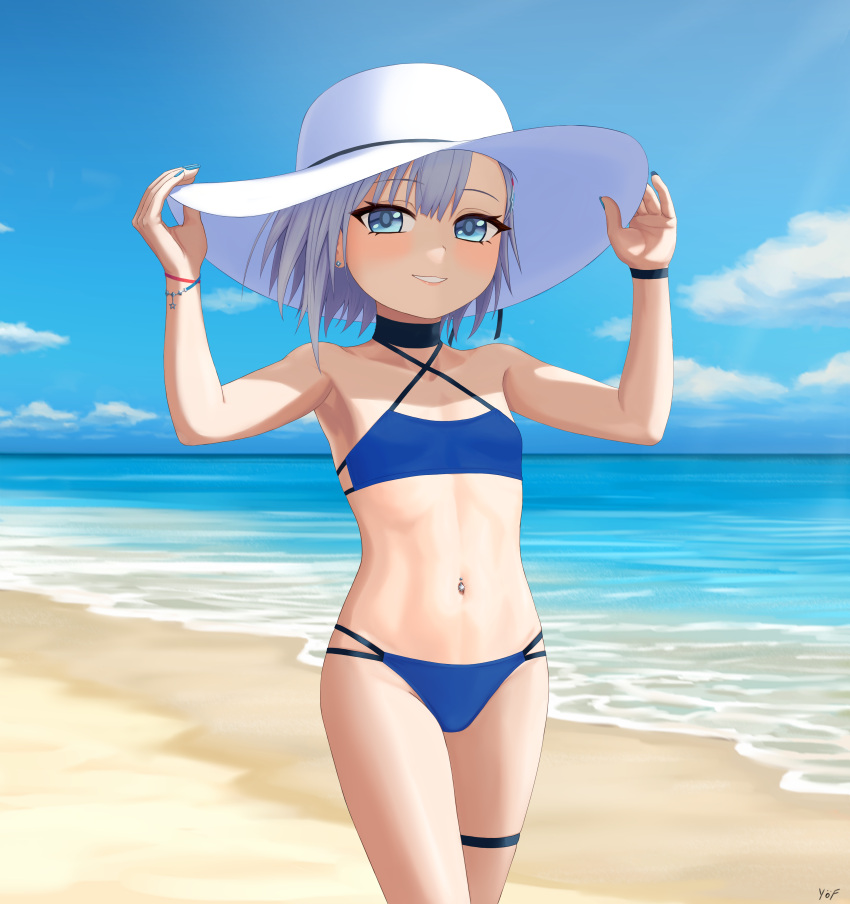 1girl absurdres bare_arms bare_shoulders beach bikini blue_bikini blue_eyes blue_nails blue_sky blue_wristband blush cloud collarbone cowboy_shot earrings eyelashes flat_chest grey_hair grin hair_ornament halterneck hands_on_headwear hat highres jewelry looking_at_viewer navel navel_piercing ocean piercing red_wristband rurine_luna sand shade signature sky smile solo star_(symbol) star_hair_ornament stomach summer sun_hat swimsuit thigh_strap virtual_youtuber wactor_production water white_headwear wristband yof_(sc_gazer)