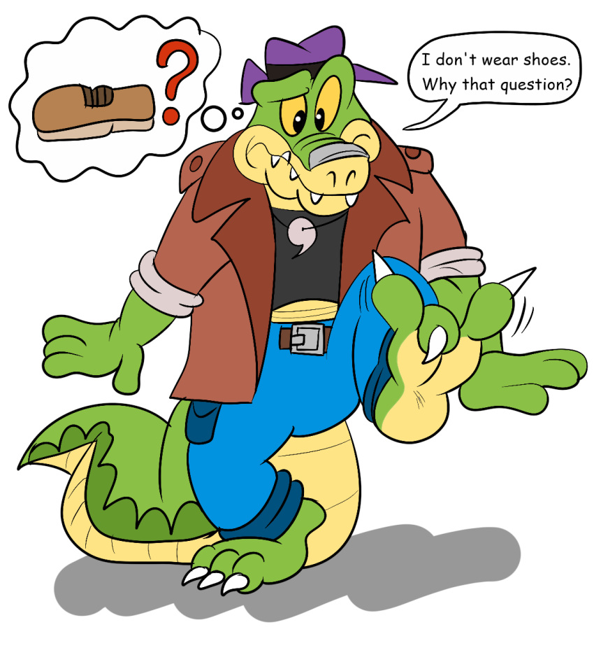 2021 3_toes 4_fingers alligator alligatorid alpha_channel anthro biped bottomwear brok_(character) brok_the_investigator clothing crocodilian dialogue english_text feet fingers green_body hat headgear headwear hi_res humanoid_hands jollyville male pants question_mark reptile scalie shirt simple_background solo text toes topwear transparent_background video_games