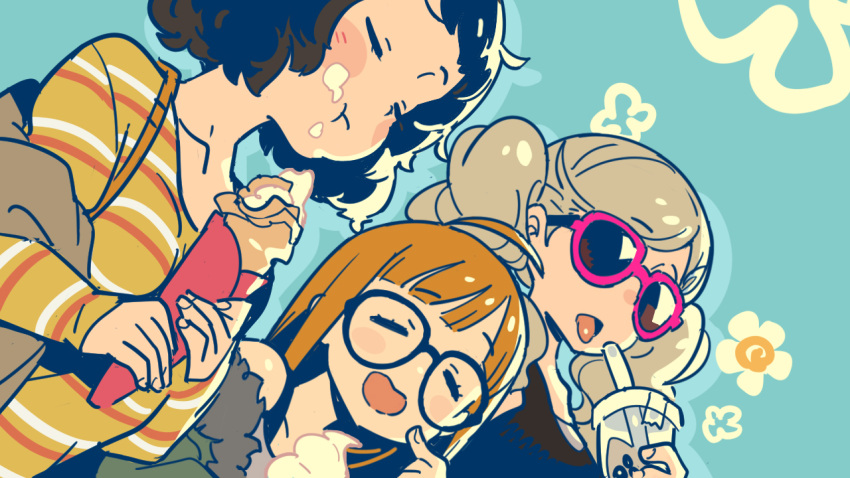 3girls ahoge black_hair blue_background blush_stickers closed_eyes crepe cup disposable_cup drinking_straw eating food food_on_face glass grey_hair himukai_yuuji ice_cream kawakami_sadayo long_hair multiple_girls orange_hair persona persona_5 sakura_futaba short_hair sunglasses takamaki_anne twintails upper_body