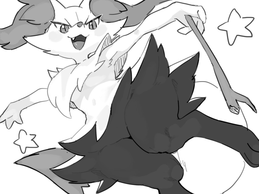 3_fingers anthro black_body black_fur blush braixen canid canine chest_tuft digital_media_(artwork) ear_tuft fangs feet female fingers fur generation_6_pokemon hi_res human inner_ear_fluff kame_3 kemono low-angle_view mammal monochrome multicolored_body multicolored_fur nintendo open_mouth pokemon pokemon_(species) simple_background sketch snout solo star stick thick_thighs toes tuft video_games white_background white_body white_fur wide_hips