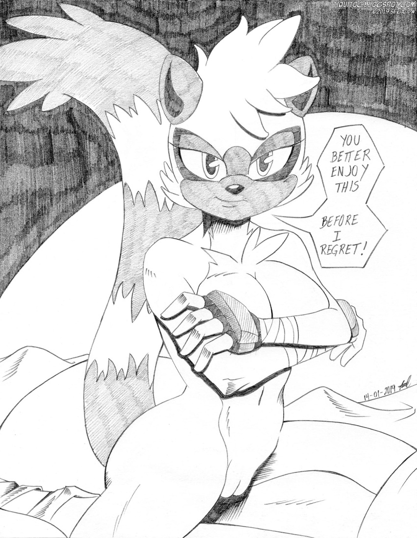 annoyed anthro bandage bed bedding black_nose blanket breasts chest_tuft clothing covering covering_breasts crossed_arms curvy_figure dated english_text female fingerless_gloves fur furniture genitals gloves graphite_(artwork) handwear head_tuft hi_res hourglass_figure idw_publishing kneeling lemur long_tail looking_at_viewer mammal monochrome multicolored_body multicolored_fur navel pencil_(artwork) primate pussy sega signature simple_background small_ears solo sonic_the_hedgehog_(comics) sonic_the_hedgehog_(idw) sonic_the_hedgehog_(series) speech_bubble strepsirrhine tangle_the_lemur text tiquitoc traditional_media_(artwork) tuft two_tone_body two_tone_fur url