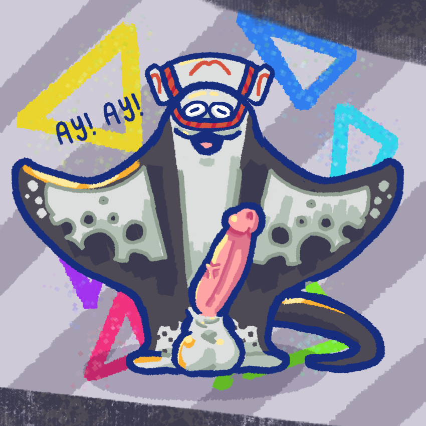 1:1 :3 abstract_background anthro balls batoid big_man_(splatoon) big_penis dialogue fish genitals grey_body hi_res humanoid_genitalia humanoid_penis long_penis male manta_ray marine penis possum_milk smile solo speckled_body standing text vein veiny_penis