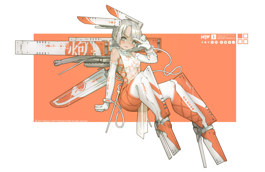 1girl absurdres closed_mouth copyright highres looking_at_viewer mechanical_legs mechanical_wings ne_baozi original rectangle short_hair sitting smile solo white_background white_hair wings wire writing