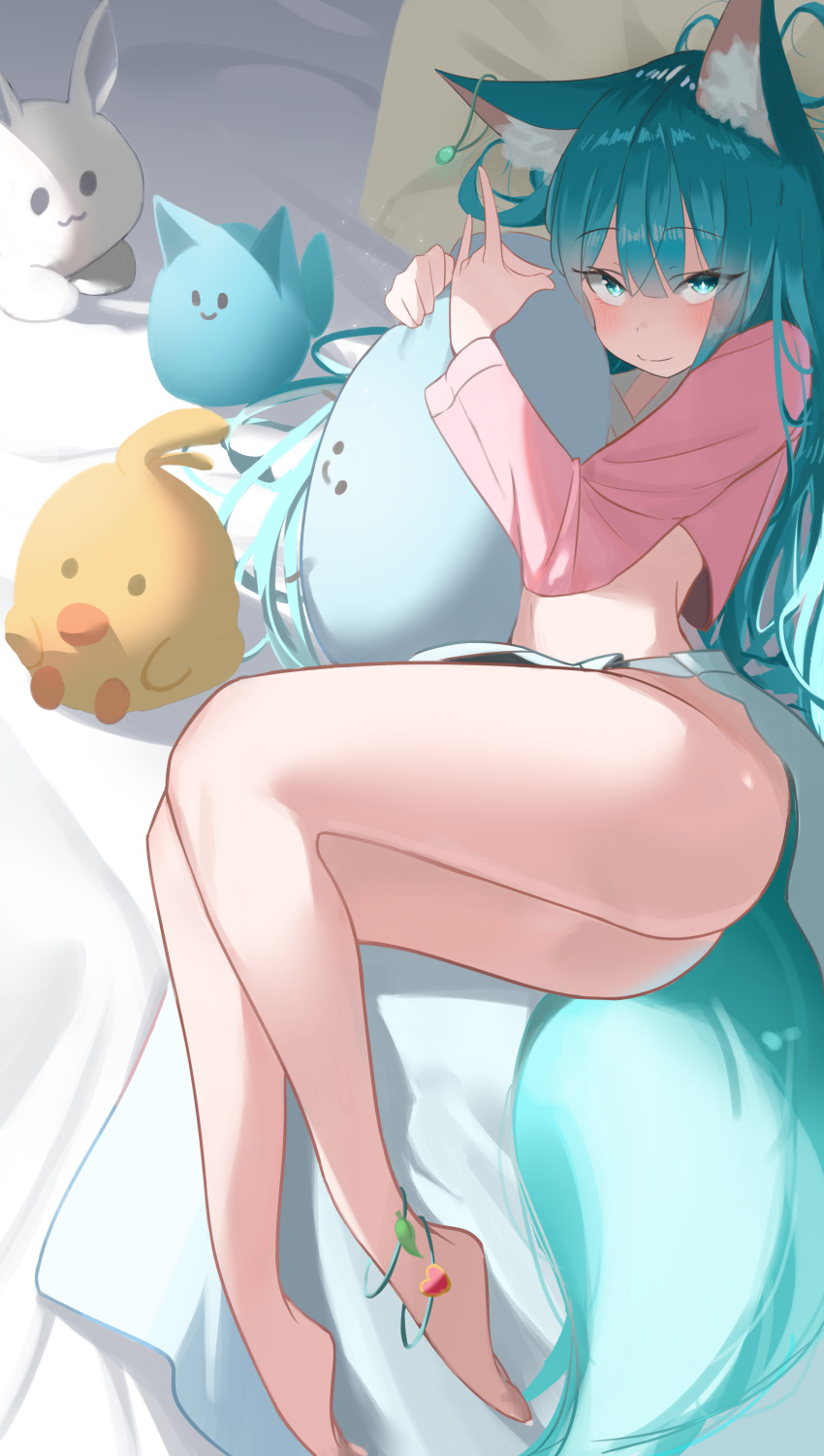 1girl absurdres animal_ear_fluff animal_ears aqua_eyes aqua_hair ass babsot bangs barefoot bed_sheet blush closed_mouth commentary_request commission crop_top fox_ears fox_girl fox_shadow_puppet fox_tail groin hair_between_eyes hands_up highres korean_commentary long_sleeves looking_at_viewer lying object_hug on_side original pillow pillow_hug pink_shirt shirt smile solo stuffed_animal stuffed_bird stuffed_bunny stuffed_cat stuffed_toy tail