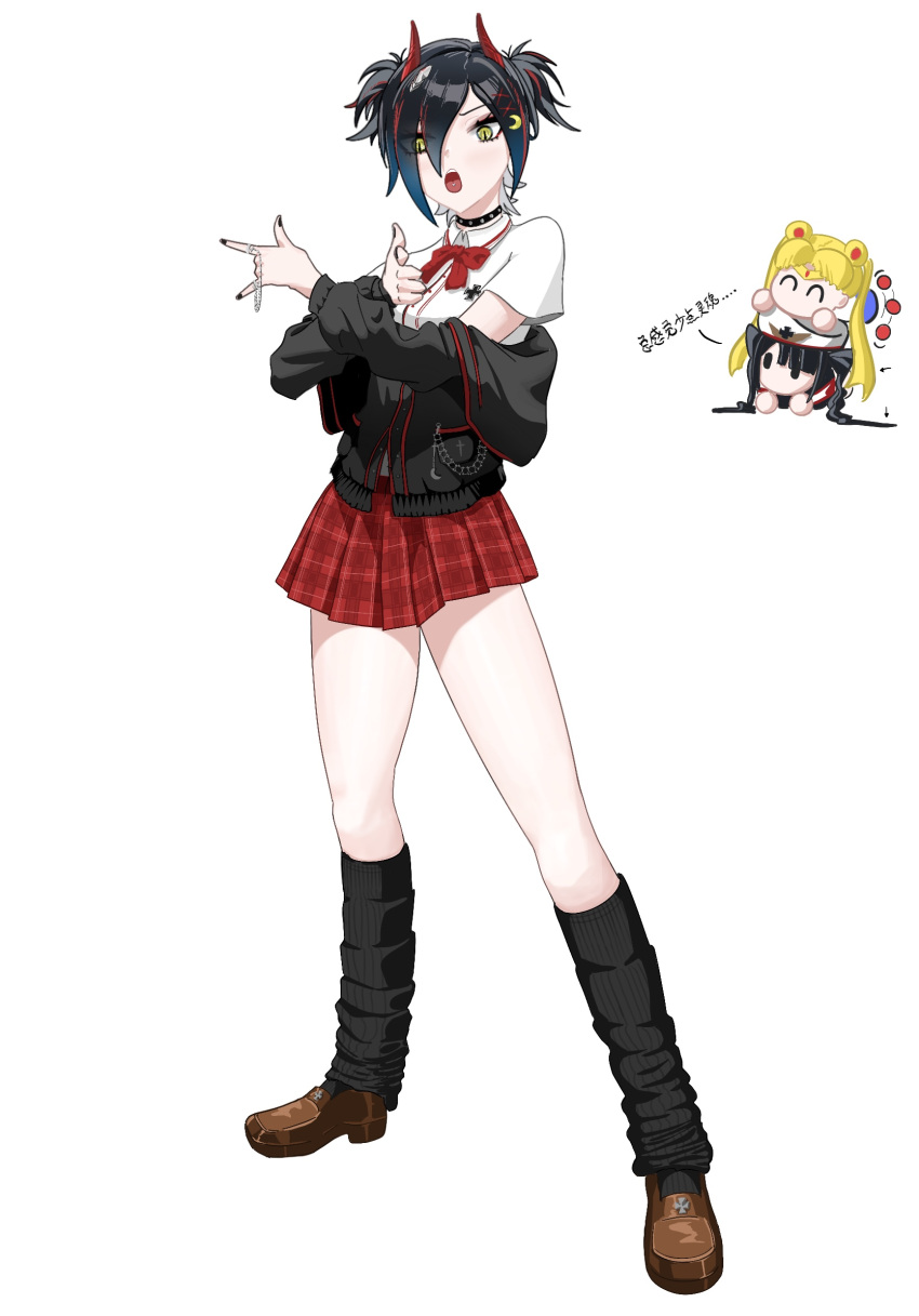 3girls \m/ alternate_costume azur_lane bishoujo_senshi_sailor_moon black_hair black_jacket black_nails black_socks blonde_hair brown_footwear chain character_request cross crossover eulrich_von_hutten_(azur_lane) highres horns how.r.u iron_cross jacket looking_at_viewer loose_socks miniskirt multicolored_hair multiple_girls nail_polish open_mouth plaid plaid_skirt pleated_skirt red_hair red_horns red_skirt shirt shoes short_sleeves short_twintails simple_background skirt slit_pupils socks teeth translation_request tsuki_ni_kawatte_oshioki_yo twintails upper_teeth white_background white_hair white_shirt yellow_eyes