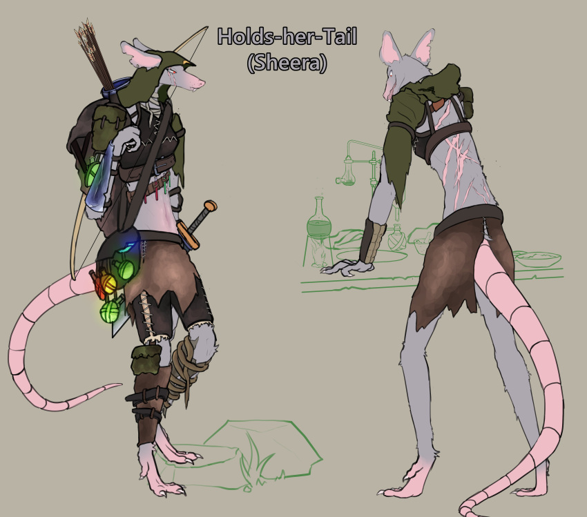 absurd_res alchemy anthro character_name clothed clothing dragonsponies english_text fantasy female hi_res mammal melee_weapon murid murine quiver rat rodent scar simple_background skaven solo sword text warhammer_(franchise) weapon