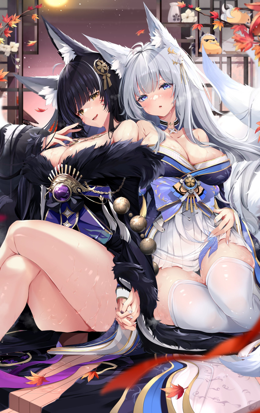 2girls absurdres animal_ear_fluff animal_ears azur_lane bangs bare_shoulders beads black_hair blue_eyes blush breasts cleavage crossed_legs facial_mark fox_ears fox_girl fox_tail fur_trim gem hair_ornament highres holding_hands japanese_clothes jewelry kimono kitsune large_breasts leaf long_hair looking_at_viewer magatama magatama_necklace mole mole_under_eye multiple_girls multiple_tails musashi_(azur_lane) nail_polish necklace obi parted_lips prayer_beads purple_gemstone purple_hair sash shiira_(nya_rl) shinano_(azur_lane) skirt sweat tail thighhighs very_long_hair white_hair white_skirt yellow_eyes zettai_ryouiki