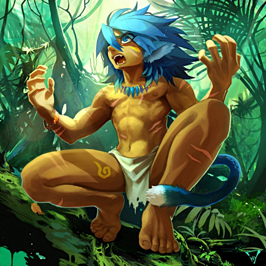 2014 animal_humanoid arm_scar blue_eyes blue_hair bracelet cat_humanoid chest_scar clothed clothing crouching day detailed_background facial_scar felid felid_humanoid feline feline_humanoid full-length_portrait hair hi_res humanoid jewelry jungle kiske_7key leaf leg_scar lens_flare light log loincloth_only male mammal mammal_humanoid moss nails on_log open_mouth outside particles plant plantigrade portrait pose scar scars_all_over skimpy solo spread_legs spreading stomach_scar sunlight tan_body tan_skin toenails tooth_necklace tribal vines wood