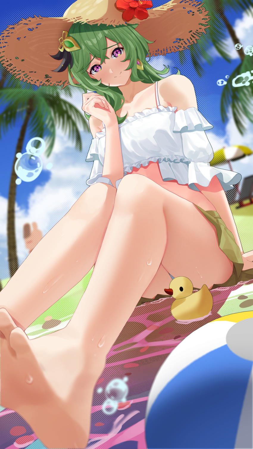 1girl absurdres ball beach beachball collei_(genshin_impact) feet frilled_shirt frills genshin_impact green_hair haerge hat highres legs looking_at_viewer purple_eyes rubber_duck shirt sitting skirt smile straw_hat toes wet