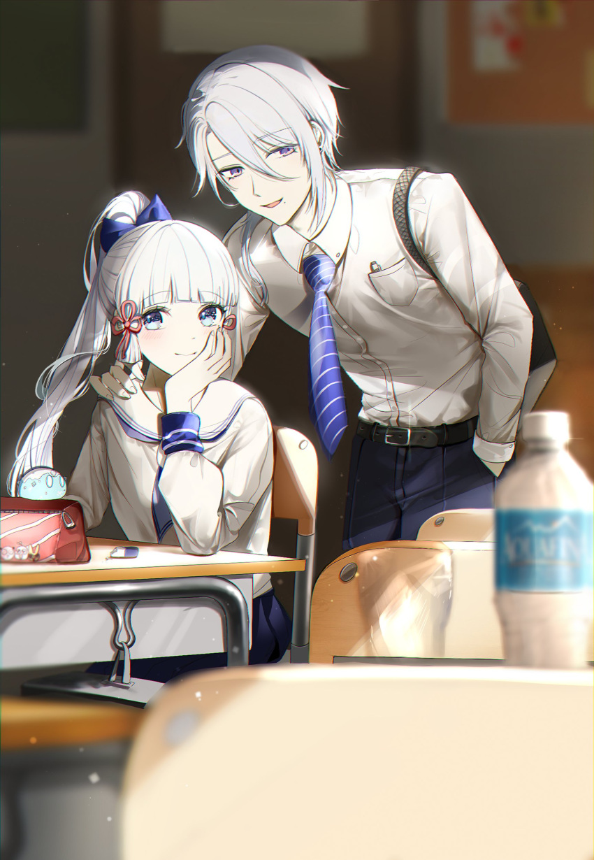 1boy 1girl absurdres alternate_costume bag bangs belt blue_eyes blue_hair blue_necktie blunt_bangs blush brother_and_sister chair collared_shirt desk eraser genshin_impact hand_in_pocket hand_on_another's_shoulder hand_on_own_face highres isobe47 kamisato_ayaka kamisato_ayato long_sleeves looking_at_viewer mole mole_under_eye mole_under_mouth necktie pants pencil_case ponytail sailor_collar school_bag school_chair school_desk school_uniform serafuku shirt siblings sidelocks slime_(genshin_impact) smile striped_necktie