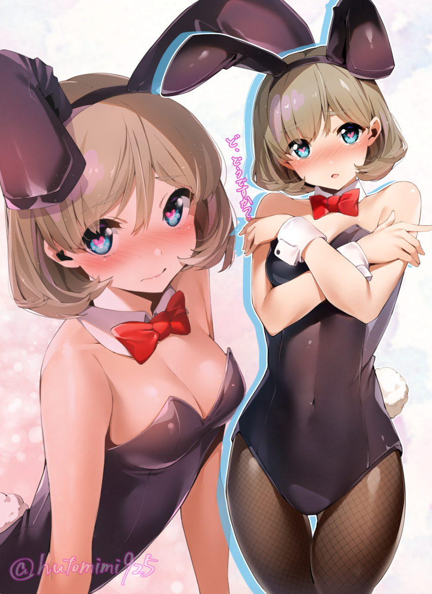 2girls absurdres animal_ears bare_shoulders blue_eyes blush bow bowtie breasts brown_hair cleavage closed_mouth covered_navel detached_collar fake_animal_ears fake_tail fishnet_pantyhose fishnets heart heart-shaped_pupils highres looking_at_viewer love_live! love_live!_superstar!! medium_breasts multiple_girls multiple_views nakano_maru pantyhose playboy_bunny rabbit_ears rabbit_tail red_bow red_bowtie short_hair symbol-shaped_pupils tail tang_keke thigh_gap translation_request twitter_username