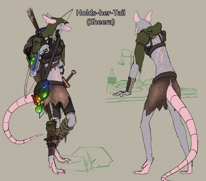 alchemy anthro character_name clothed clothing dragonsponies english_text fantasy female mammal melee_weapon murid murine quiver rat rodent scar simple_background skaven solo sword text warhammer_(franchise) weapon