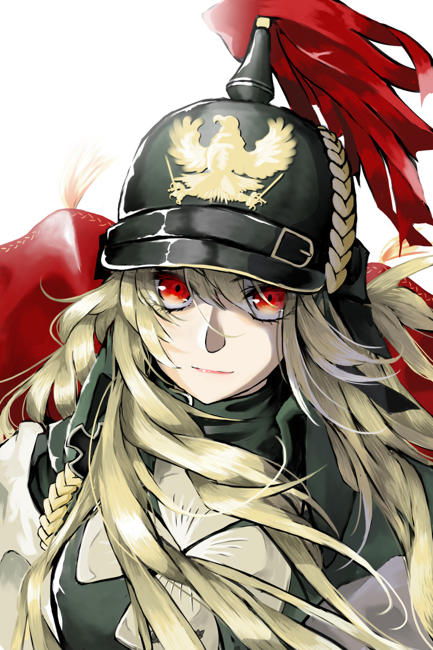 1girl absurdres bangs black_scarf blonde_hair chinese_commentary closed_mouth expressionless girls'_frontline gorilla_fei hair_between_eyes helmet highres kar98k_(girls'_frontline) lips long_hair looking_at_viewer military military_helmet military_uniform mod3_(girls'_frontline) pink_lips red_eyes scarf solo uniform upper_body white_background