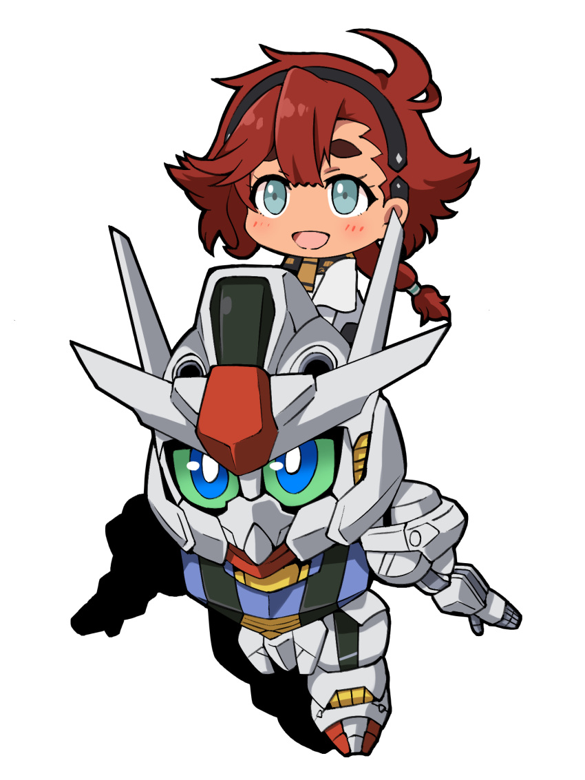 1girl bangs black_hairband blue_eyes blush chibi colored_sclera commentary green_sclera gundam gundam_aerial gundam_suisei_no_majo hairband highres long_hair low-tied_long_hair low_ponytail ma_tsukasa mecha mobile_suit red_hair riding robot sd_gundam smile suletta_mercury v-fin white_background