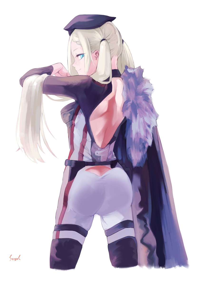 1girl a-545_(girls'_frontline) absurdres aqua_eyes arm_up artist_name ass back backless_dress backless_outfit bangs bare_back black_cape black_footwear blonde_hair bodysuit boots braid cape closed_mouth dress feet_out_of_frame from_behind fur-trimmed_cape fur_trim girls'_frontline hair_ornament hair_scrunchie highres long_hair looking_back multicolored_bodysuit multicolored_clothes scrunchie side_braid smile solo standing sugac thigh_boots thighs twintails white_background