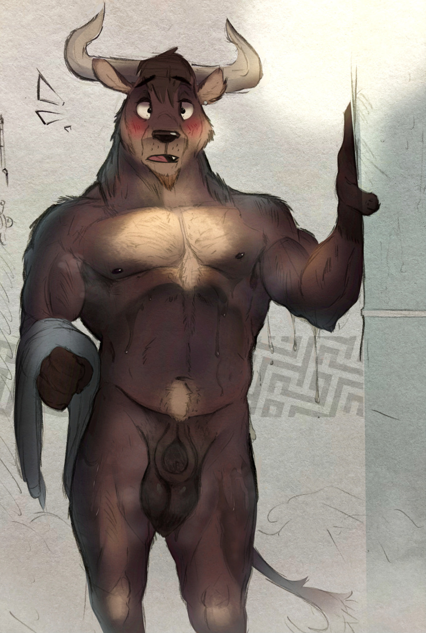 absurd_res animal_genitalia anthro balls big_balls blush bovid bovine brown_body darkened_balls darkened_genitalia darkened_penis darkened_sheath ear_piercing facial_hair fully_sheathed fur genitals goatee hi_res holding_object horn hybrid jumpy_jackal looking_at_viewer male mammal musclegut muscular muscular_male navel newport nipples pecs penis piercing shaded sheath solo steam surprise ursid wet