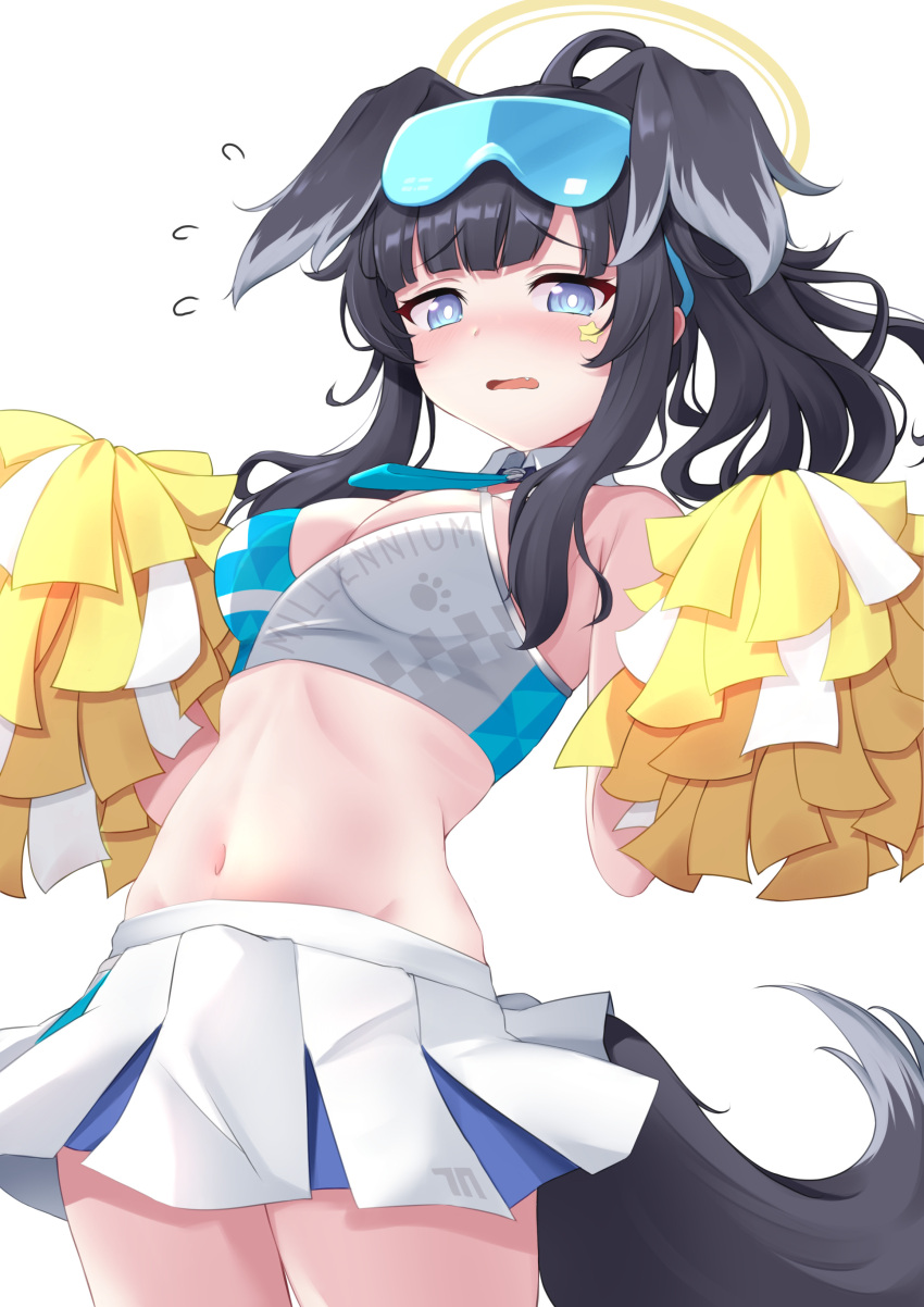 1girl absurdres animal_ears black_hair blue_archive blue_eyes blue_skirt breasts cheerleader cleavage clothes_writing commentary_request dog_ears dog_girl dog_tail eyewear_on_head facial_tattoo halo hibiki_(blue_archive) hibiki_(cheerleader)_(blue_archive) highres kaigan looking_at_viewer medium_breasts midriff navel open_mouth pom_pom_(cheerleading) ponytail short_hair simple_background skirt solo star_tattoo sunglasses tail tattoo thighs two-tone_skirt white_background white_skirt