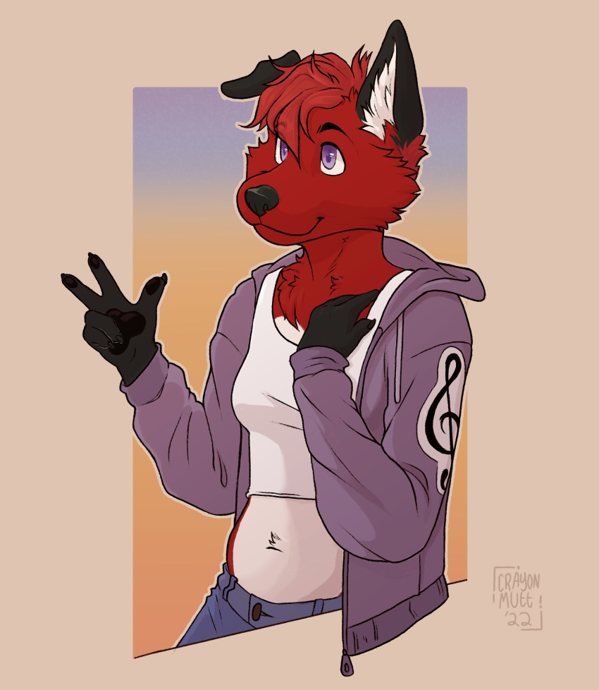 absurd_res ambiguous_gender anthro black_body black_ears black_fur black_nose black_paws canid canine clothing crayonmutt crop_top digital_media_(artwork) floppy_ears fluffy fox fur hair hi_res hoodie inner_ear_fluff jesam_(jesam) mammal multicolored_body multicolored_fur purple_eyes red_body red_fox red_fur red_hair shirt topwear treble_clef tuft white_body white_ear_fluff white_fur