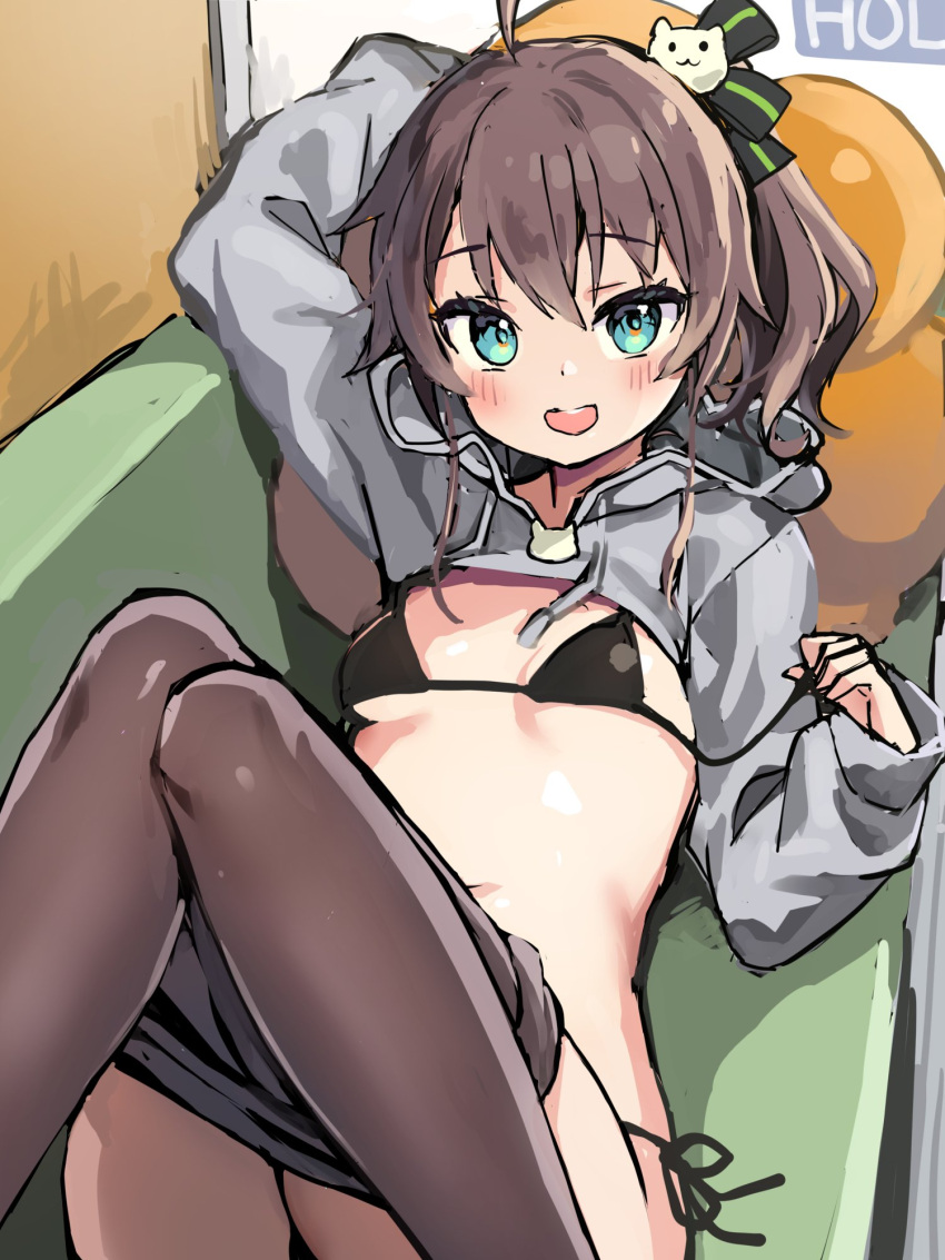 1girl :d ahoge aqua_eyes arm_behind_head ayaoshiro bikini black_bikini blush breasts brown_hair brown_pantyhose clothes_pull couch highres hololive hood hoodie knees_together_feet_apart long_hair long_sleeves looking_at_viewer lying natsuiro_matsuri on_back on_couch pantyhose pantyhose_pull side-tie_bikini_bottom side_ponytail small_breasts smile solo swimsuit untied untied_bikini untying virtual_youtuber