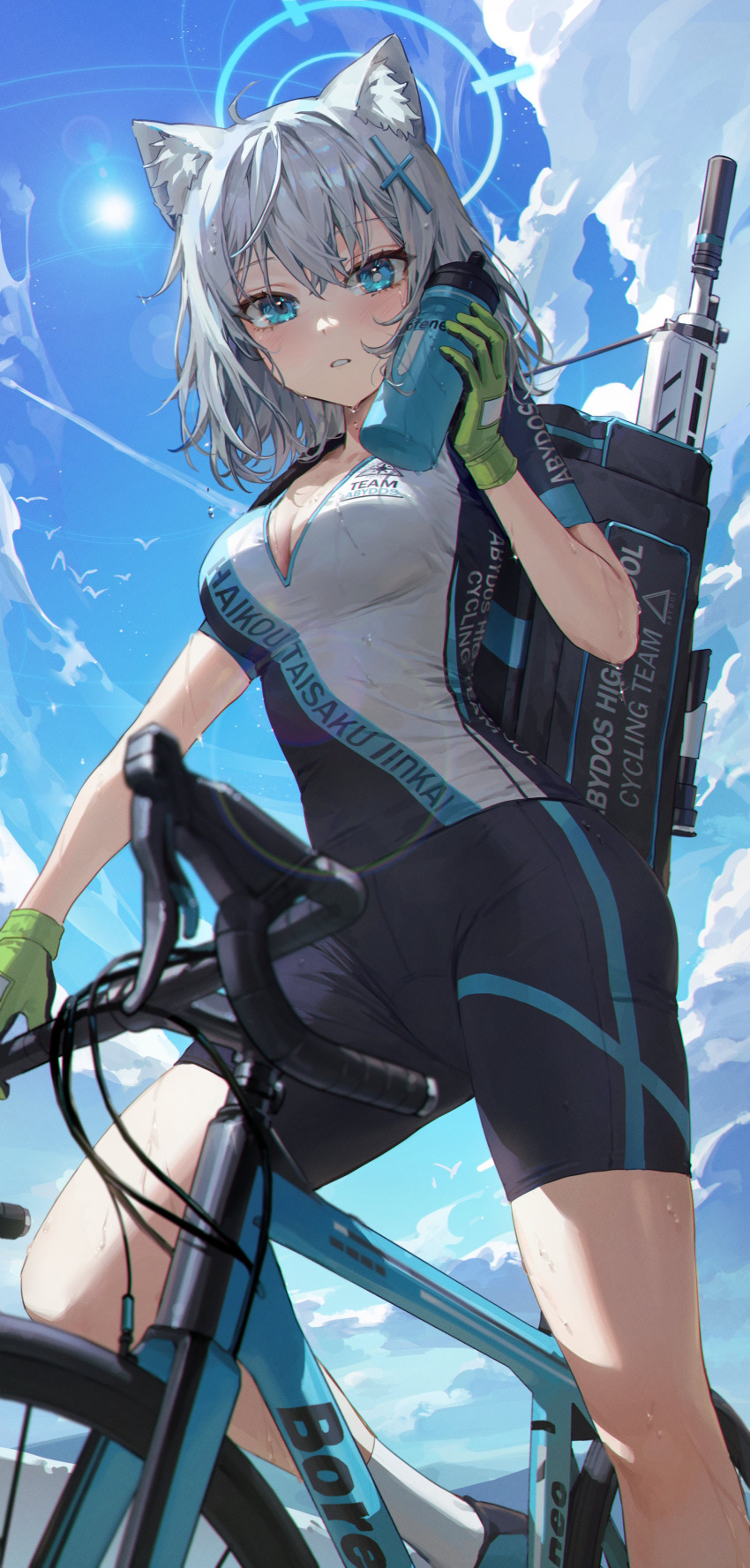 1girl absurdres animal_ear_fluff animal_ears bangs bicycle bike_jersey bike_shorts blue_archive blue_eyes blue_footwear blush breasts cat_ears cloud cross_hair_ornament cycling_uniform extra_ears gloves green_gloves grey_hair ground_vehicle hair_ornament halo highres kellymonica02 looking_at_viewer medium_hair mismatched_pupils official_alternate_costume outdoors shiroko_(blue_archive) shiroko_(cycling)_(blue_archive) short_sleeves shorts sky solo sun sweat two-tone_gloves