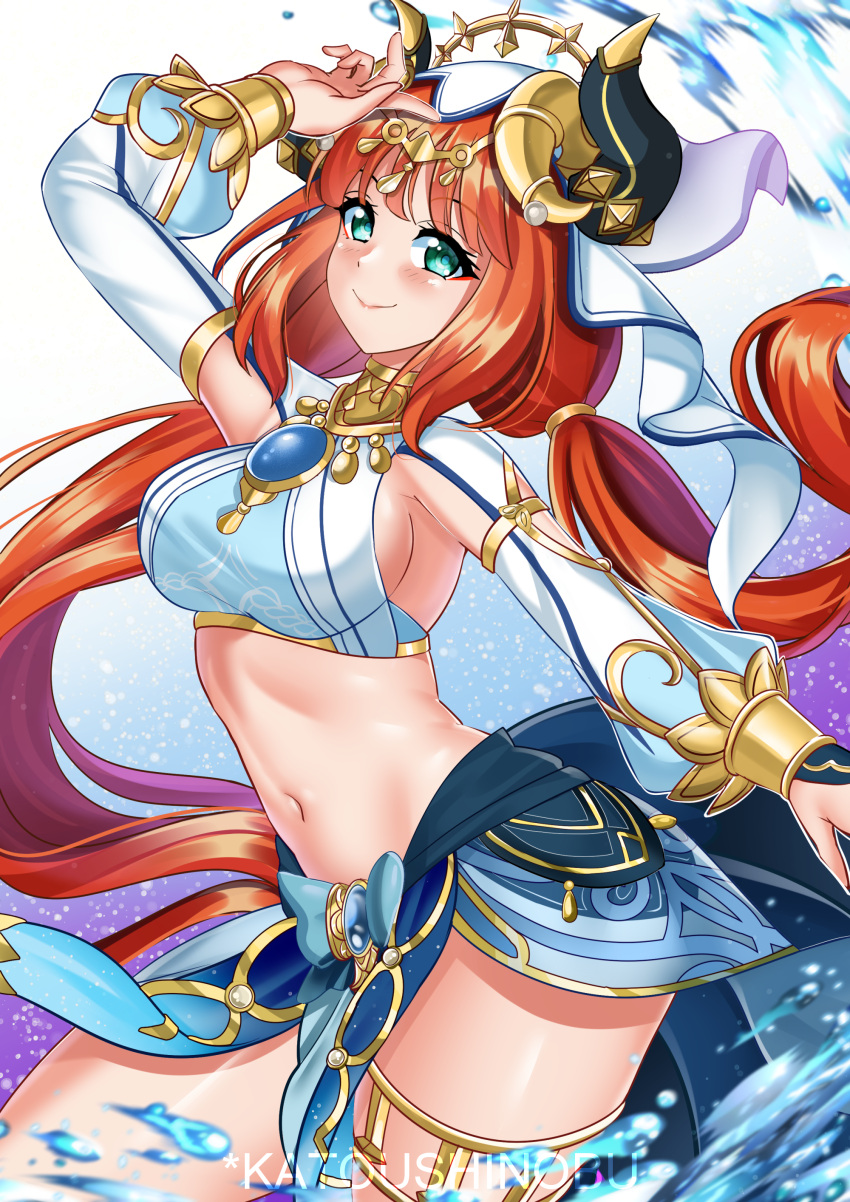 1girl absurdres aqua_eyes armpits artist_name bangs blue_skirt blush breasts brooch circlet closed_mouth clothing_cutout cowboy_shot crop_top floating_hair forehead_jewel genshin_impact gold_trim harem_outfit heart highres horns jewelry katou_shinobu long_hair long_sleeves looking_at_viewer medium_breasts navel neck_ring nilou_(genshin_impact) pelvic_curtain puffy_long_sleeves puffy_sleeves shrug_(clothing) sidelocks simple_background skirt solo stomach thighlet thighs twintails vambraces veil vision_(genshin_impact) water