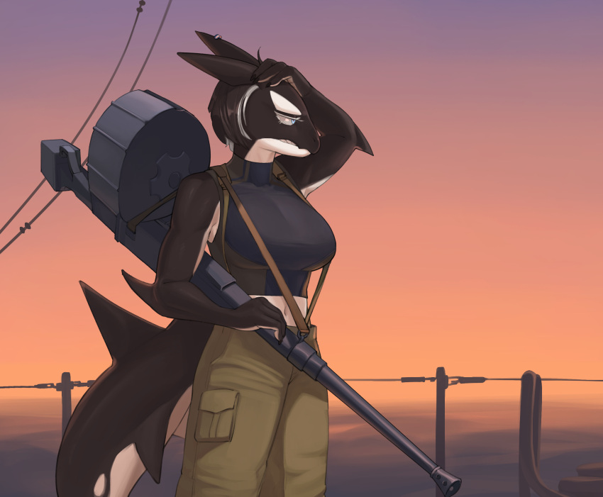 alba_(smoothsharb) anthro autocannon big_breasts big_ears black_body blue_eyes bottomwear breasts brush brushing brushing_hair cargo_pants cetacean clothing countershading crop_top delphinoid elbow_fin female frown gun hair hi_res machine_gun mammal marine muscular muscular_female navel oceanic_dolphin orca pants personal_grooming ranged_weapon sea sharp_teeth ship shirt simple_background smoothsharb solo styling_hair sunset suspenders teeth toothed_whale topwear vehicle water watercraft weapon wetsuit whale_tail white_body white_countershading