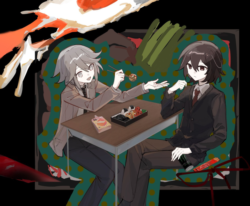 2others alternate_costume androgynous bento black_eyes black_hair blazer can cardigan chopsticks contemporary desk energy_drink enraku_tsubakura food food_art grey_eyes grey_hair highres holding holding_can houlen_yabusame isairodot jacket len'en monster_energy multiple_others necktie omelet school_desk school_uniform short_hair_with_long_locks sitting soda_can sweater tako-san_wiener tamagoyaki