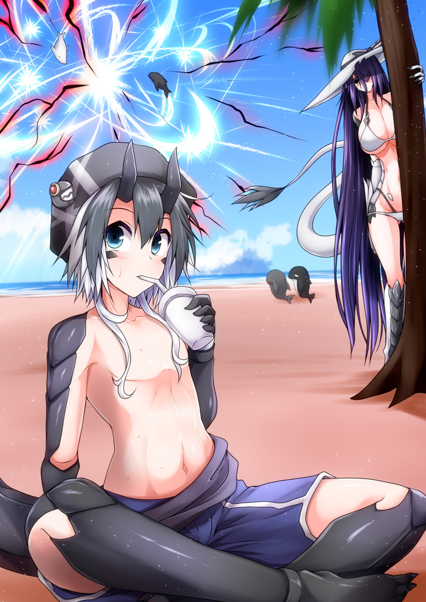 1boy 1girl arm_support bangs bare_shoulders battle beach bikini black_hair black_headwear blue_eyes blue_shorts blue_sky blush breasts character_request cleavage cloud collarbone commentary_request cup day disposable_cup dragon_boy dragon_girl dragon_horns dragon_tail drinking_straw drinking_straw_in_mouth full_body g_(genesis1556) hair_between_eyes hair_over_one_eye hat hiding highres holding holding_cup horns indian_style knit_hat large_breasts long_hair looking_at_viewer male_swimwear monster_girl multicolored_hair navel ocean orca original outdoors palm_tree purple_hair rio_(g_(genesis1556)) shadow shark short_hair shorts sidelocks sitting sky solo_focus standing stomach sun_hat sweat swimsuit tail tree two-tone_hair very_long_hair whale white_bikini white_hair white_headwear white_whale