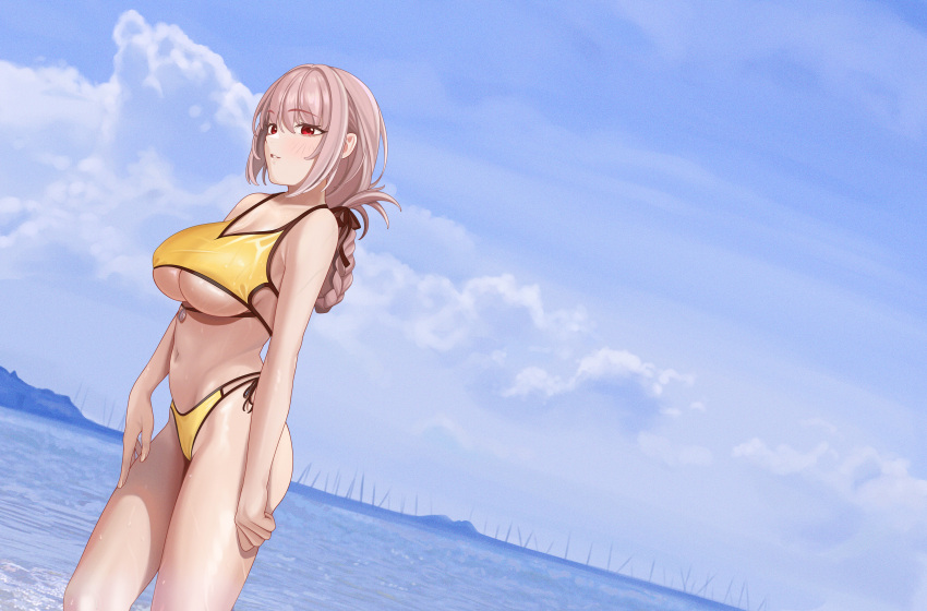 1girl absurdres bikini blue_sky breasts cloud cowboy_shot day fate/grand_order fate_(series) florence_nightingale_(chaldea_lifesavers)_(fate) florence_nightingale_(fate) folded_ponytail highleg highleg_bikini highleg_swimsuit highres horizon large_breasts looking_at_viewer navel ocean pink_hair quatthro red_eyes sky smile solo swimsuit underboob whistle yellow_bikini