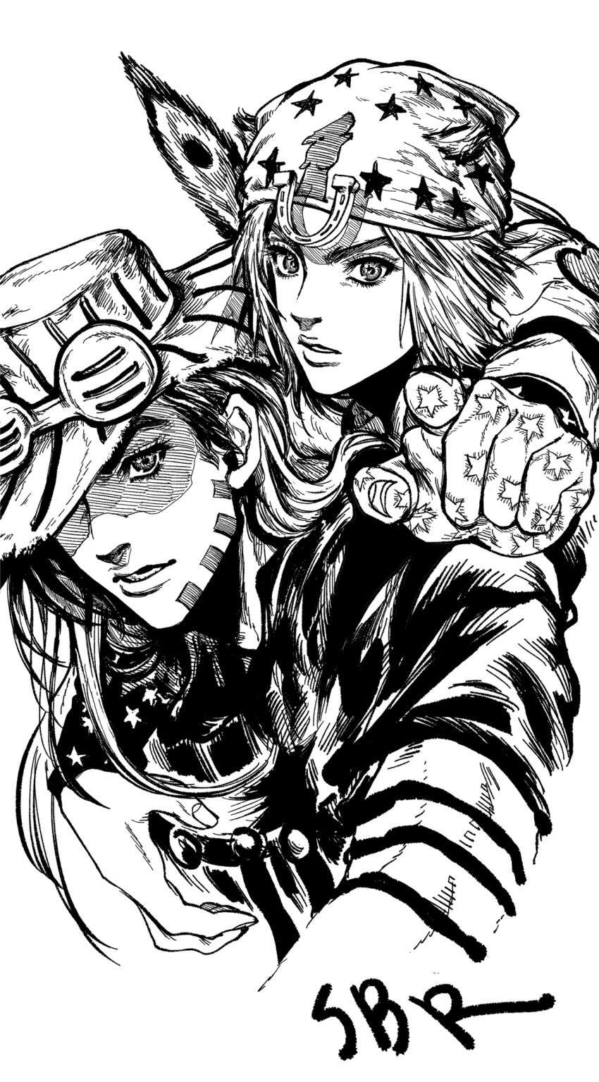 2boys beard copyright_name cowboy_hat facial_hair feathers goggles greyscale gyro_zeppeli hat highres horseshoe_ornament johnny_joestar jojo_no_kimyou_na_bouken long_hair male_focus monochrome multiple_boys my_nameisyoon pointing pointing_at_viewer short_hair star_(symbol) star_print steel_ball_run upper_body white_background