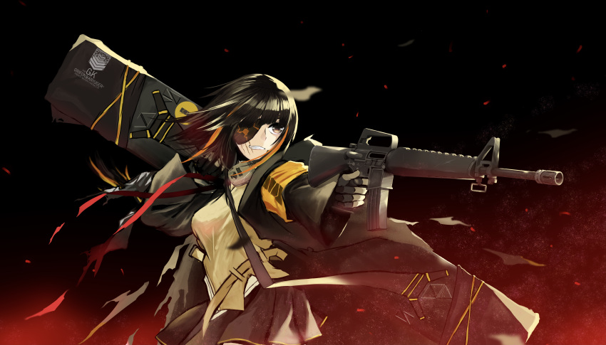1girl absurdres assault_rifle bangs black_gloves black_hair black_jacket black_skirt breasts brown_eyes chinese_commentary eyepatch girls'_frontline gloves gorilla_fei griffin_&amp;_kryuger gun headphones headphones_around_neck highres holding holding_case holding_gun holding_weapon jacket long_hair looking_away m16a1 m16a1_(girls'_frontline) medium_breasts multicolored_hair open_clothes open_jacket open_mouth rifle scar scar_across_eye shirt simple_background skirt solo standing streaked_hair teeth upper_body weapon weapon_case yellow_shirt