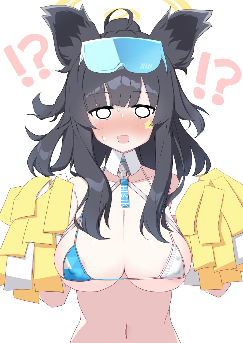 !? 1girl absurdres adapted_costume animal_ears areola_slip bangs bare_shoulders bikini bikini_top_only black_hair blue_archive blue_eyes blush breasts cheerleader cleavage covered_nipples dice_choco dog_ears dog_girl eyewear_on_head full-face_blush goggles goggles_on_head halo hibiki_(blue_archive) hibiki_(cheerleader)_(blue_archive) highres large_breasts long_hair looking_at_viewer magatama micro_bikini navel o_o open_mouth pom_pom_(cheerleading) simple_background solo string_bikini sunglasses surprised swimsuit tail upper_body white_background white_bikini