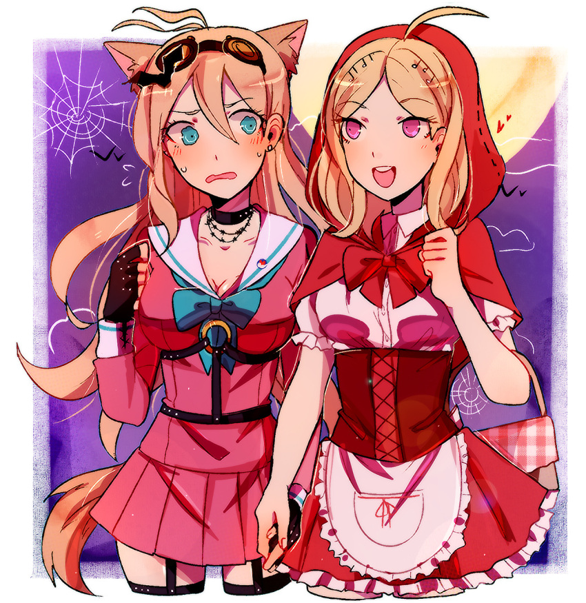 2girls :d ahoge animal_ears bangs bird blonde_hair blush border bow bowtie breasts cape cleavage clenched_hand cowboy_shot fingerless_gloves gloves green_bow green_bowtie halloween highres holding_hands hood hood_up hooded_cape huyandere iruma_miu large_breasts little_red_riding_hood long_hair looking_at_another moon multiple_girls o-ring open_mouth pink_eyes pink_shirt red_bow red_bowtie red_cape sailor_collar shirt smile tail teeth upper_teeth white_border wolf_ears wolf_girl wolf_tail yuri