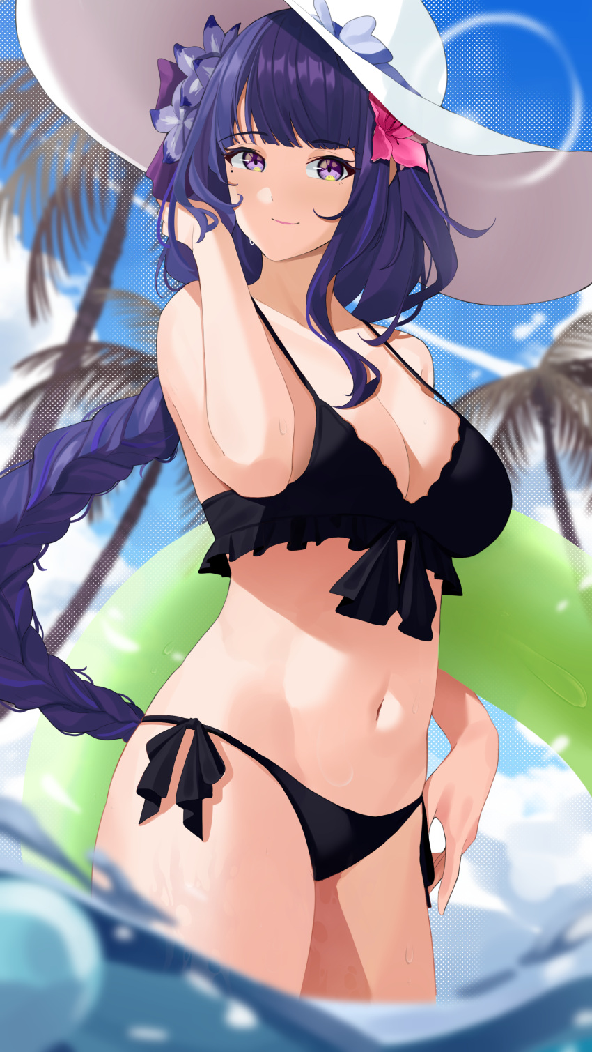 1girl absurdres bangs beach bikini black_bikini blunt_bangs braid braided_ponytail breasts cleavage closed_mouth frilled_bikini frills genshin_impact haerge hat highres long_hair medium_breasts mole mole_under_eye navel partially_submerged purple_eyes purple_hair raiden_shogun smile solo swimsuit