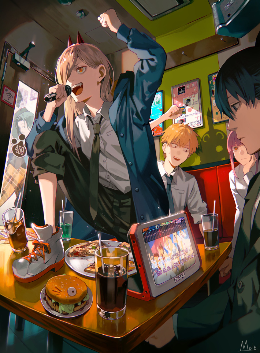 2boys 2girls absurdres arm_up artist_name black_hair black_pants blonde_hair burger chainsaw_man collared_shirt commentary cup denji_(chainsaw_man) dress_shirt drinking_straw food hair_over_one_eye hand_up hayakawa_aki highres holding holding_microphone horns indoors jacket karaoke knee_up kyuuba_melo lyrics makima_(chainsaw_man) microphone morning_musume multiple_boys multiple_girls necktie on_table open_clothes open_jacket open_mouth pants pizza plate pochita_(chainsaw_man) power_(chainsaw_man) profile red_hair sharp_teeth shirt shoes sitting sneakers standing symbol-only_commentary table teeth white_footwear white_shirt
