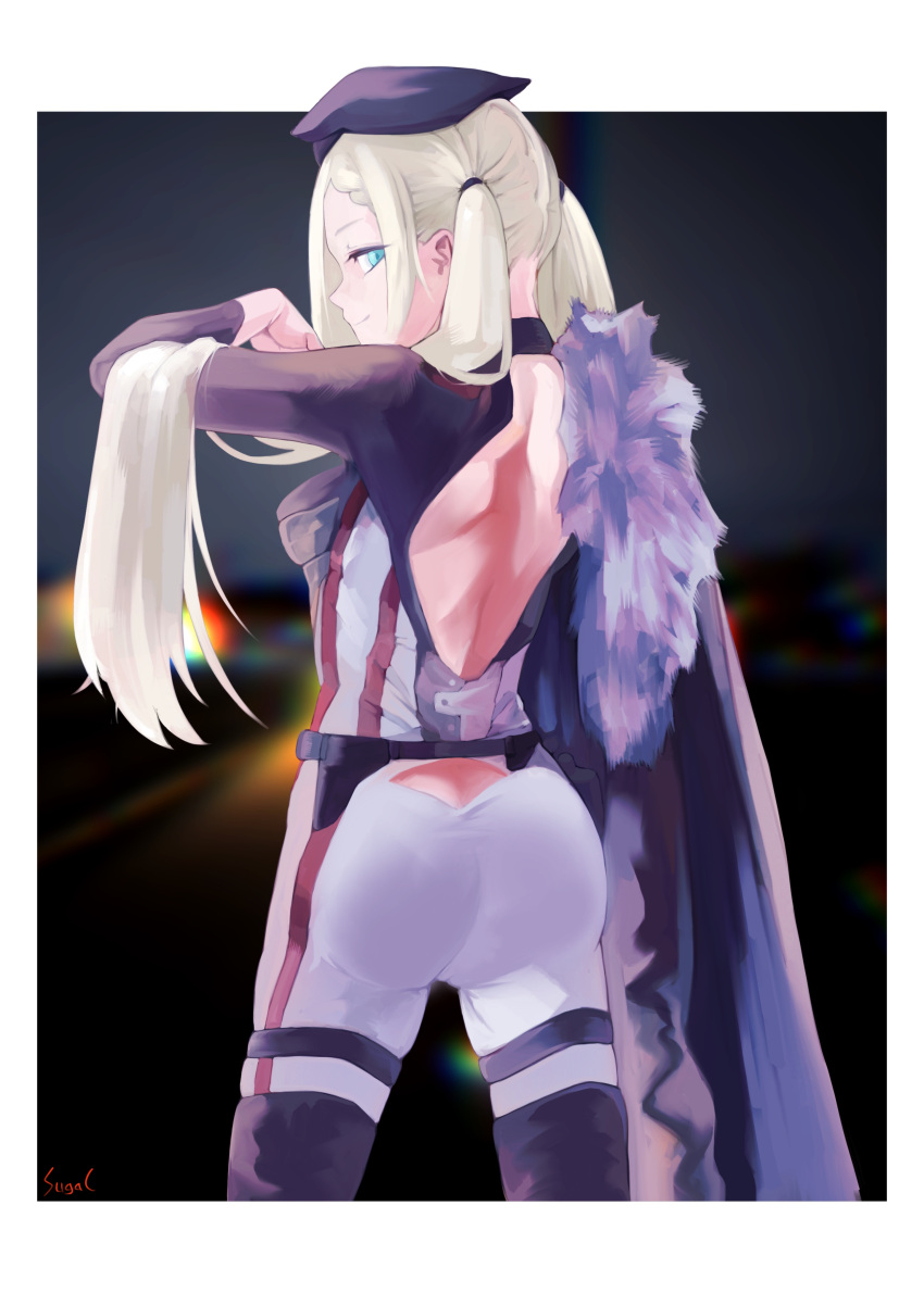 1girl a-545_(girls'_frontline) absurdres aqua_eyes arm_up artist_name ass back backless_dress backless_outfit bangs bare_back black_cape black_footwear blonde_hair bodysuit boots border braid cape closed_mouth dress feet_out_of_frame from_behind fur-trimmed_cape fur_trim girls'_frontline hair_ornament hair_scrunchie highres long_hair looking_back multicolored_bodysuit multicolored_clothes scrunchie side_braid simple_background smile solo standing sugac thigh_boots thighs twintails white_border