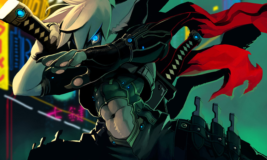 2015 abs abstract_background action_pose anthro arm_spikes armor backlighting billowing_scarf blue_eyes blue_glow chaps claws clothing cybernetics cyborg elbow_spikes fingerless_gloves front_view glare gloves glowing glowing_eyes handwear hi_res holding_object holding_sword holding_weapon kiske_7key light lighting machine male mammal melee_weapon navel neon_sign portrait pose red_scarf scarf sign solo spikes spikes_(anatomy) sword throwing_knife warrior weapon wide_stance